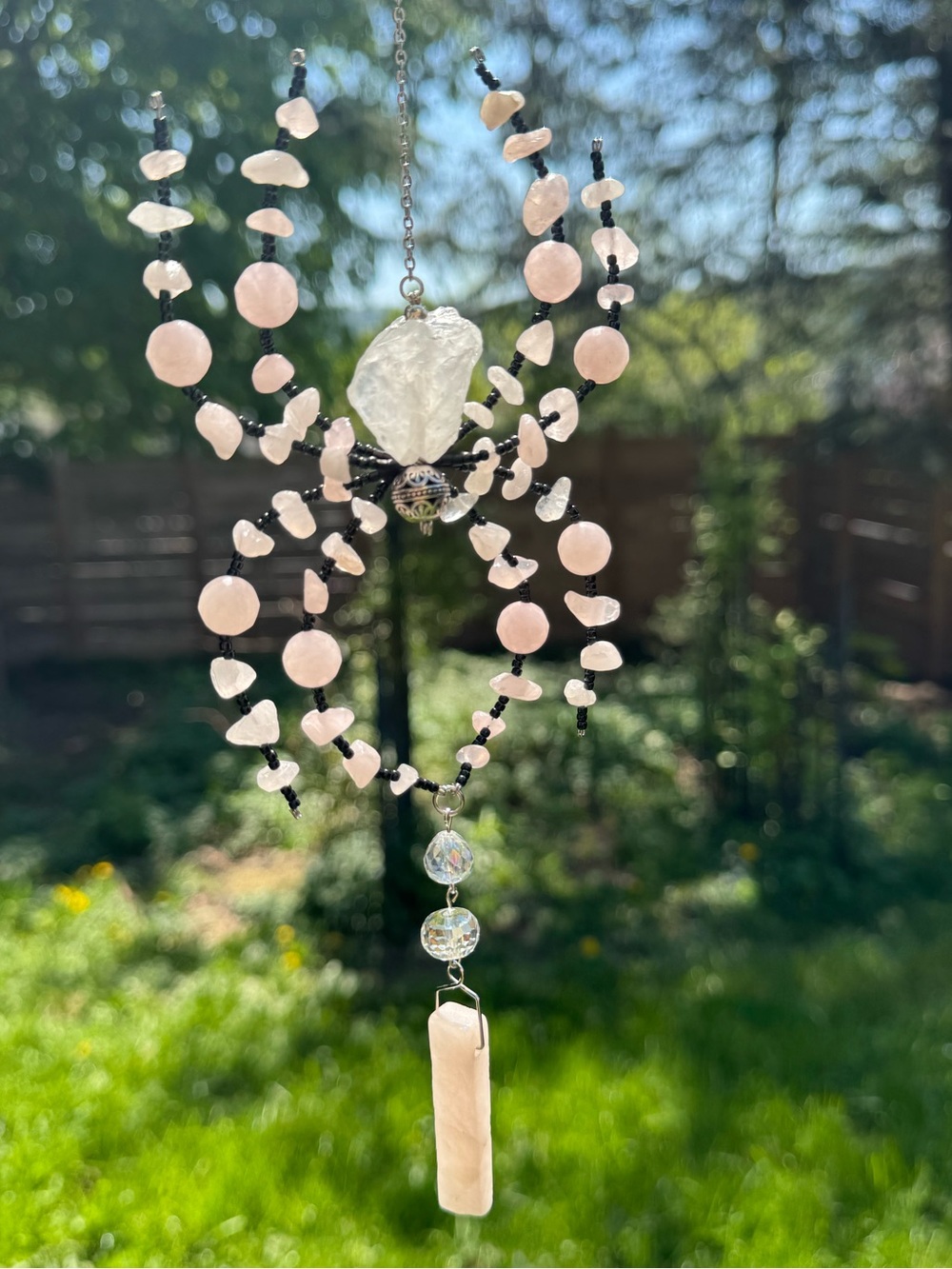 Rose & Clear Quartz Beaded Spider Suncatcher “Stone Of Unconditional Love” 💕